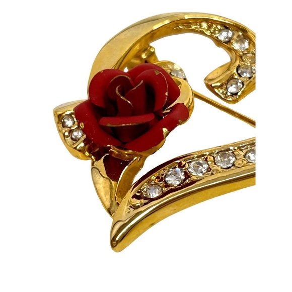 Heart Brooch Pin Gold Tone Red Ceramic Rose Clear Rhinestones Shiny Roll Tab Arm - Picture 11 of 13